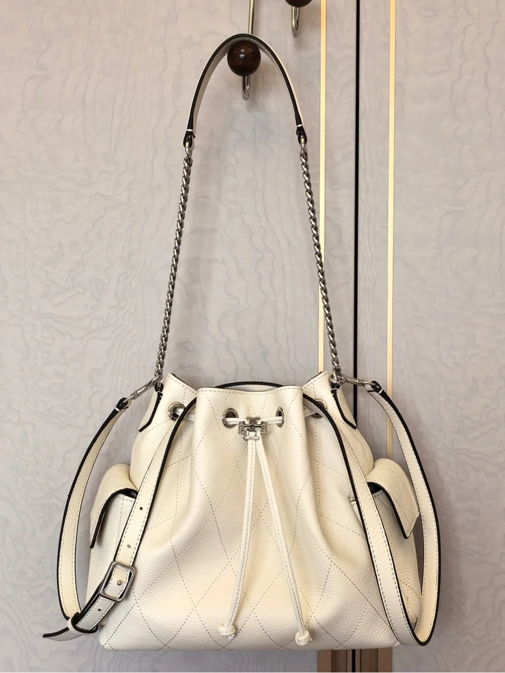 Classic Cream Drawstring Leather Bucket Bag